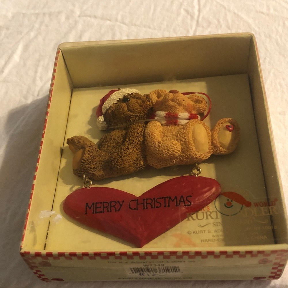 Kurt Adler Brown Teddy Bear Merry Christmas Heart Ornament with Red Accent